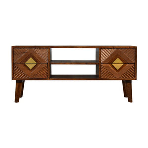 Alma Brass Inlay Media Unit | Solid Mango Wood | Chestnut Finish | 2 Open Shelves