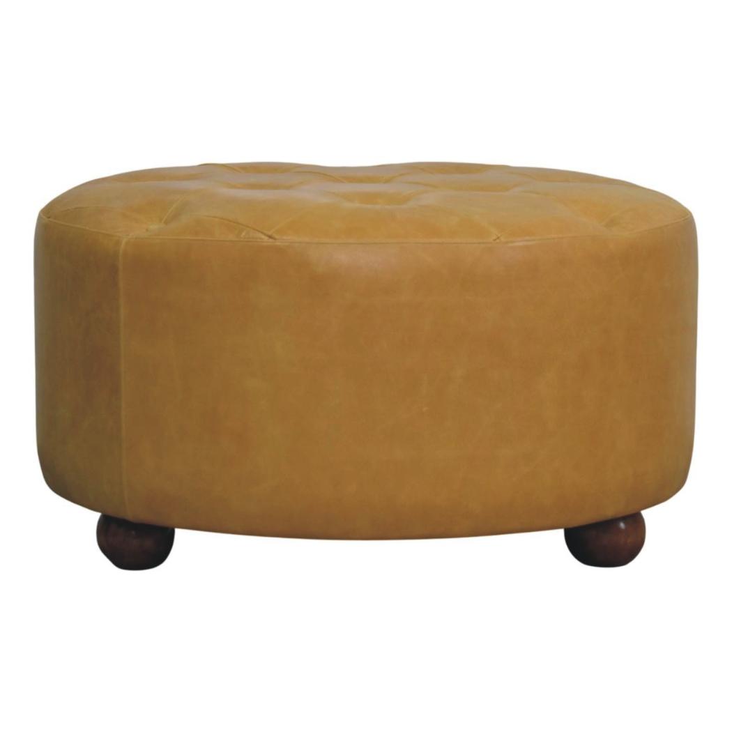 Amara Round Leather Coffee Table | Tufted Tan Upholstery | Solid Mango Wood Feet | Amber Oak Finish