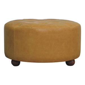 Amara Round Leather Coffee Table | Tufted Tan Upholstery | Solid Mango Wood Feet | Amber Oak Finish