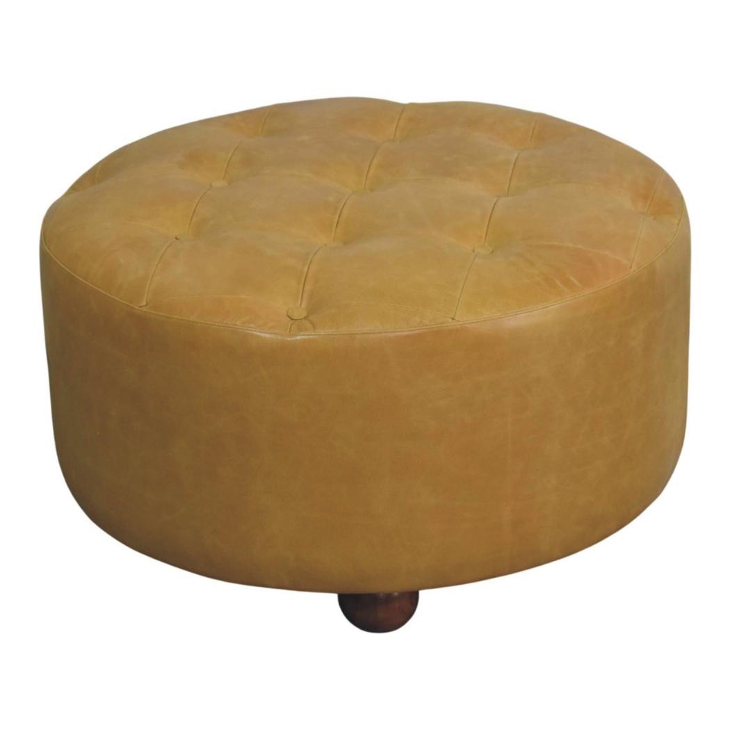 Amara Round Leather Coffee Table | Tufted Tan Upholstery | Solid Mango Wood Feet | Amber Oak Finish