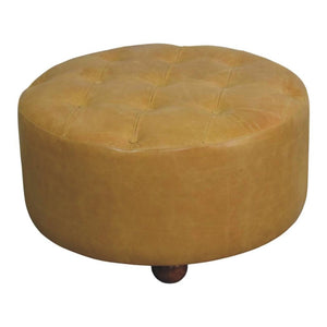 Amara Round Leather Coffee Table | Tufted Tan Upholstery | Solid Mango Wood Feet | Amber Oak Finish
