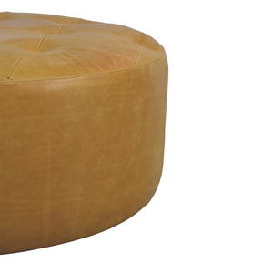 Amara Round Leather Coffee Table | Tufted Tan Upholstery | Solid Mango Wood Feet | Amber Oak Finish