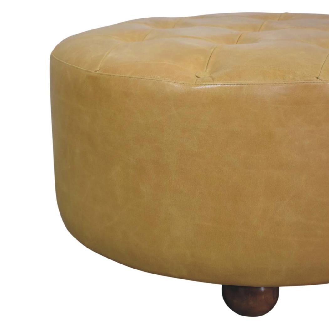 Amara Round Leather Coffee Table | Tufted Tan Upholstery | Solid Mango Wood Feet | Amber Oak Finish
