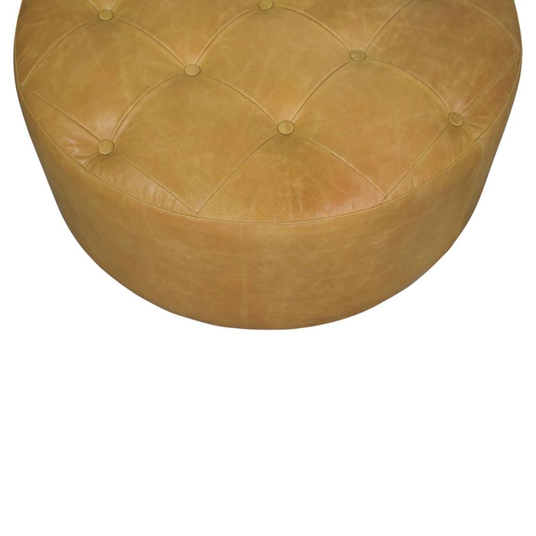 Amara Round Leather Coffee Table | Tufted Tan Upholstery | Solid Mango Wood Feet | Amber Oak Finish
