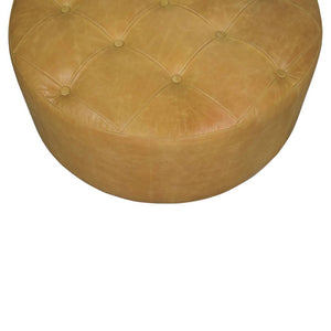 Amara Round Leather Coffee Table | Tufted Tan Upholstery | Solid Mango Wood Feet | Amber Oak Finish