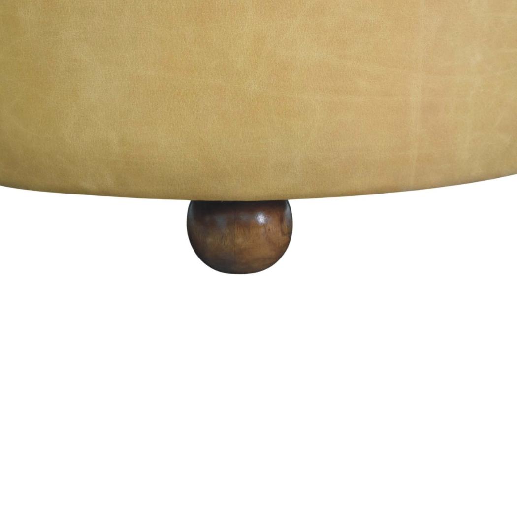 Amara Round Leather Coffee Table | Tufted Tan Upholstery | Solid Mango Wood Feet | Amber Oak Finish