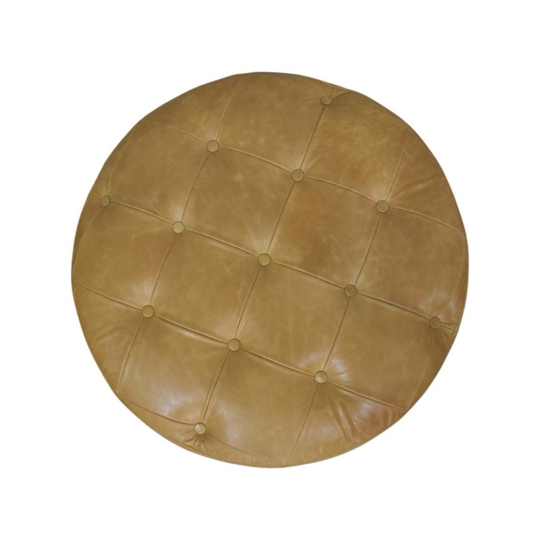 Amara Round Leather Coffee Table | Tufted Tan Upholstery | Solid Mango Wood Feet | Amber Oak Finish