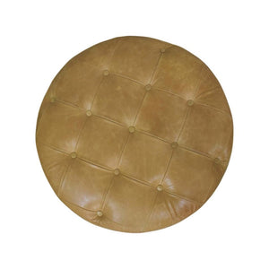 Amara Round Leather Coffee Table | Tufted Tan Upholstery | Solid Mango Wood Feet | Amber Oak Finish
