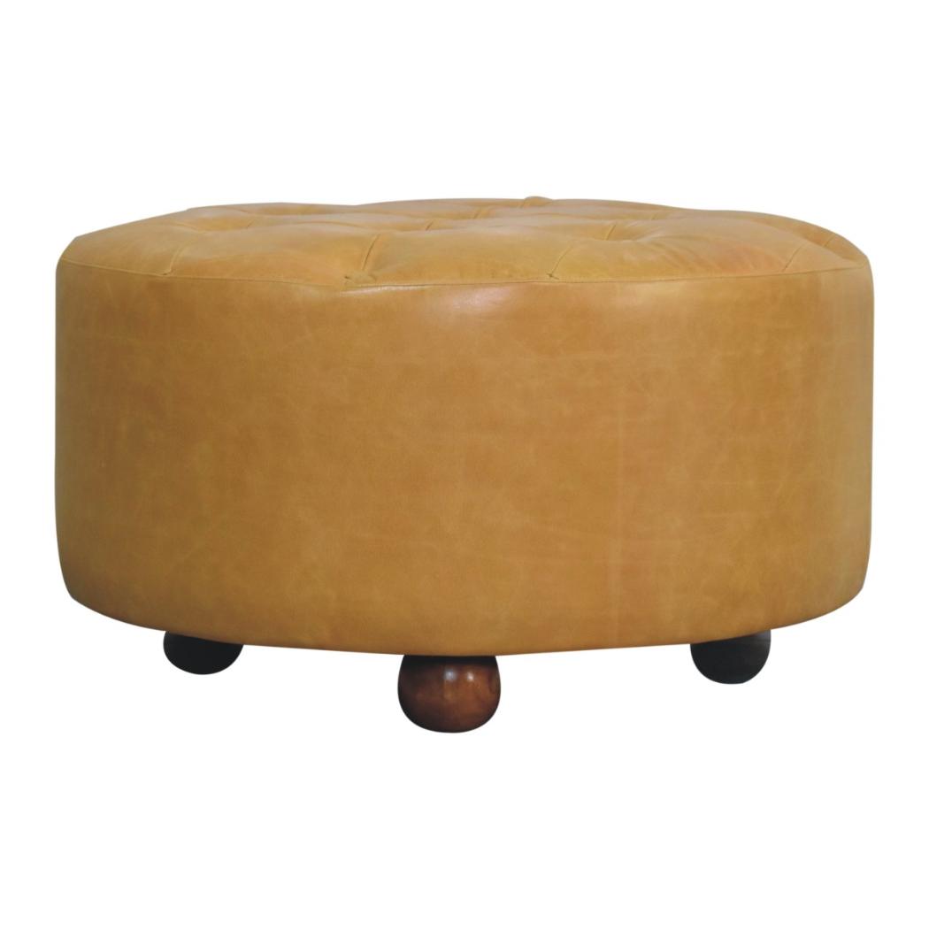 Amara Round Leather Coffee Table | Tufted Tan Upholstery | Solid Mango Wood Feet | Amber Oak Finish