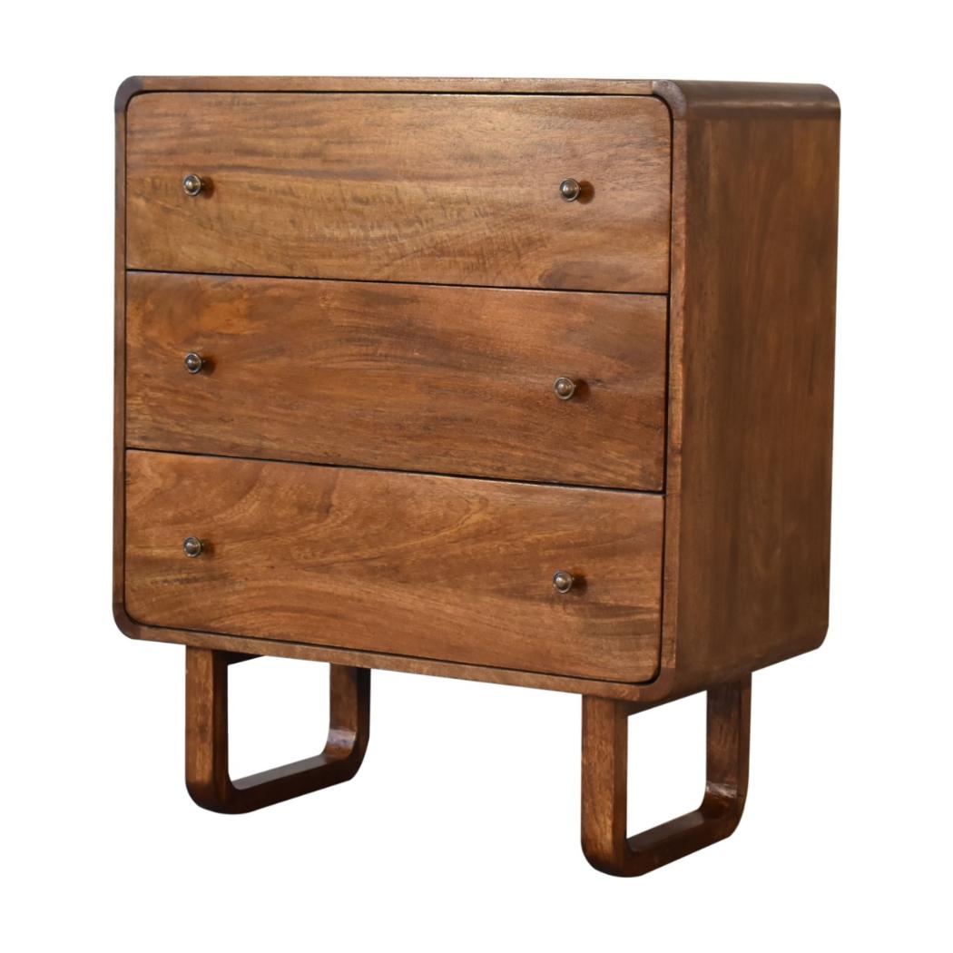 Arc Curved Chest of Drawers | Solid Mango Wood | Chestnut Finish | 3 Drawers