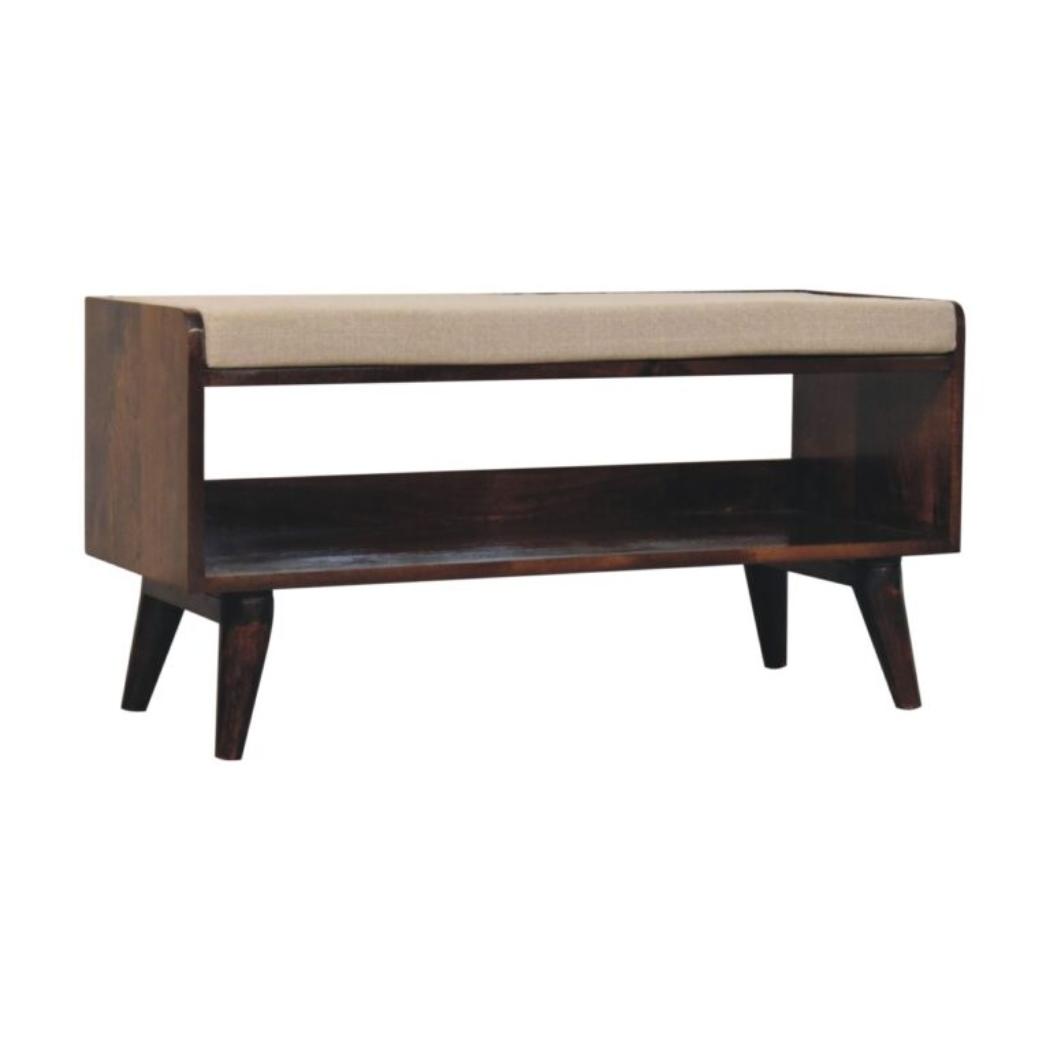 Arden Bedroom Bench | Solid Mango Wood | California Walnut Finish | Mud Linen Upholstered Seat