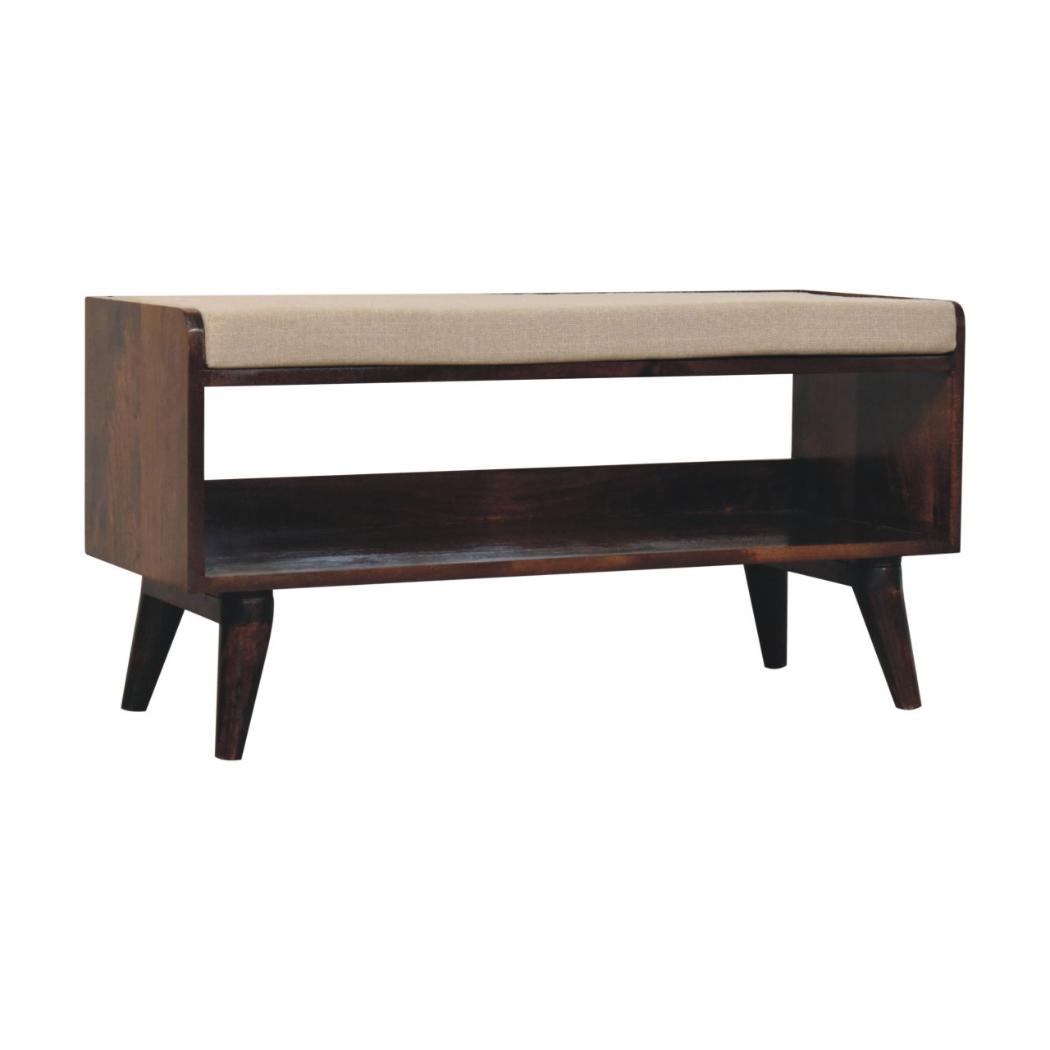 Arden Bedroom Bench | Solid Mango Wood | California Walnut Finish | Mud Linen Upholstered Seat