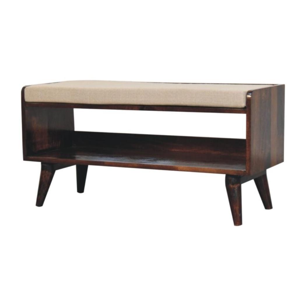 Arden Bedroom Bench | Solid Mango Wood | California Walnut Finish | Mud Linen Upholstered Seat