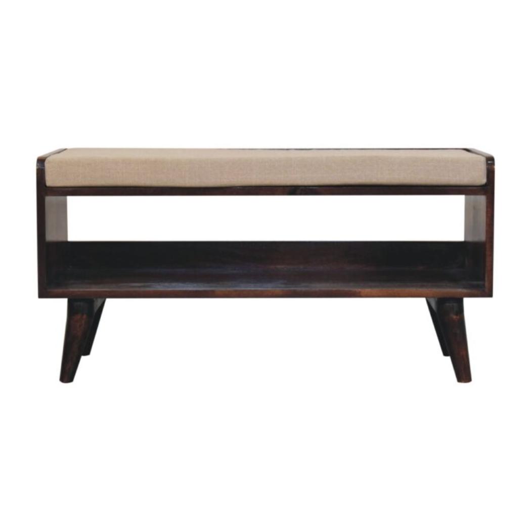 Arden Bedroom Bench | Solid Mango Wood | California Walnut Finish | Mud Linen Upholstered Seat