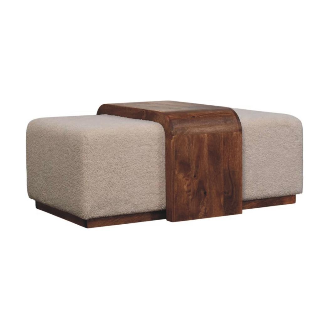 Arden Bench Duo | Solid Mango Wood | Honey Caramel Finish | Bouclé Upholstered Hallway Bench with Centre Table