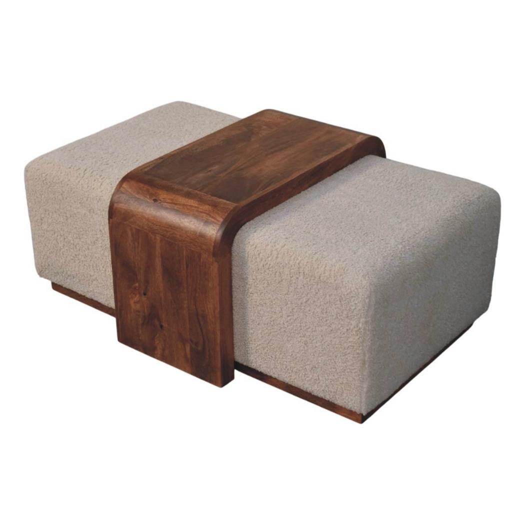 Arden Bench Duo | Solid Mango Wood | Honey Caramel Finish | Bouclé Upholstered Hallway Bench with Centre Table
