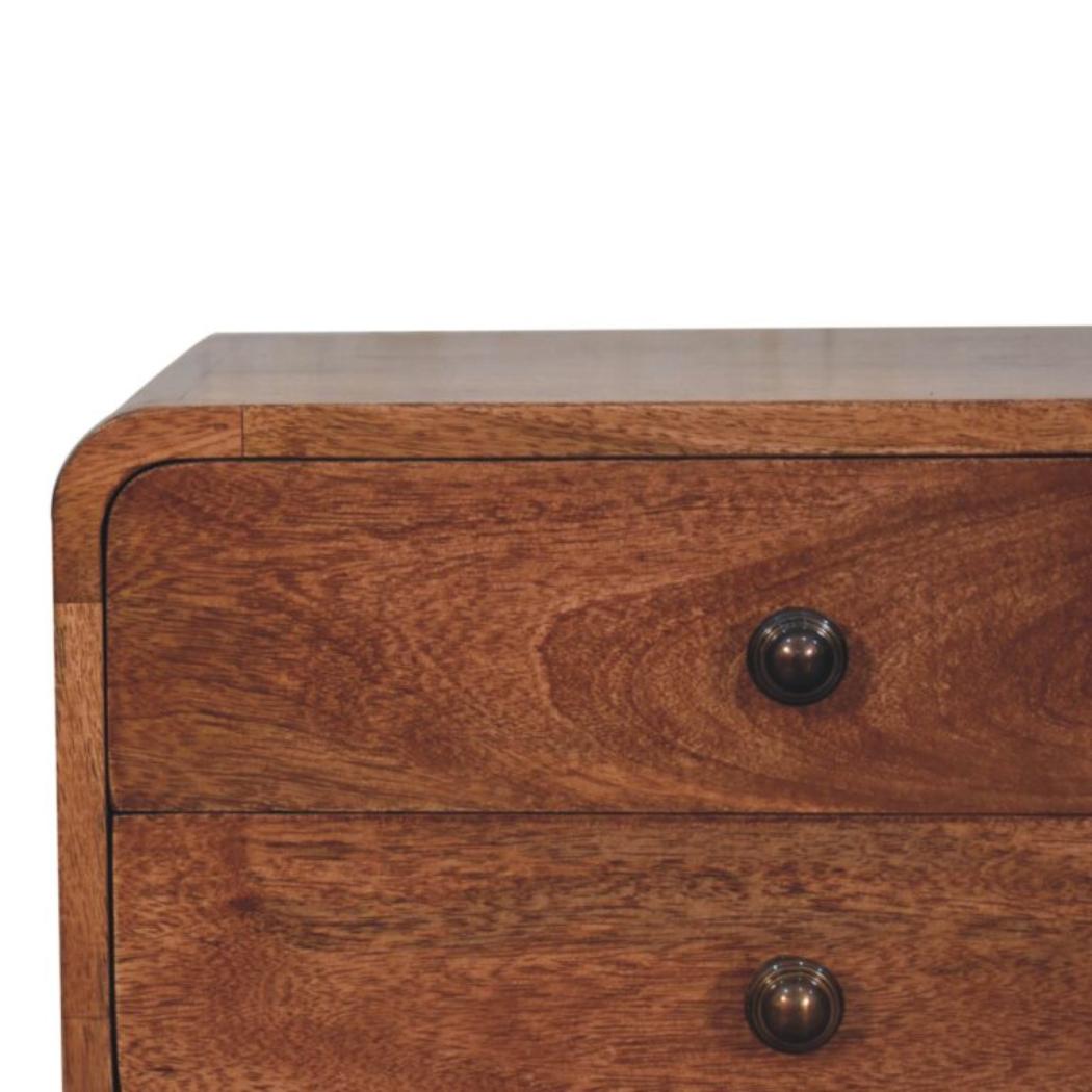 Arden Curved Bedside Table | Solid Mango Wood | Honey Caramel Finish | 2 Drawer Nightstand