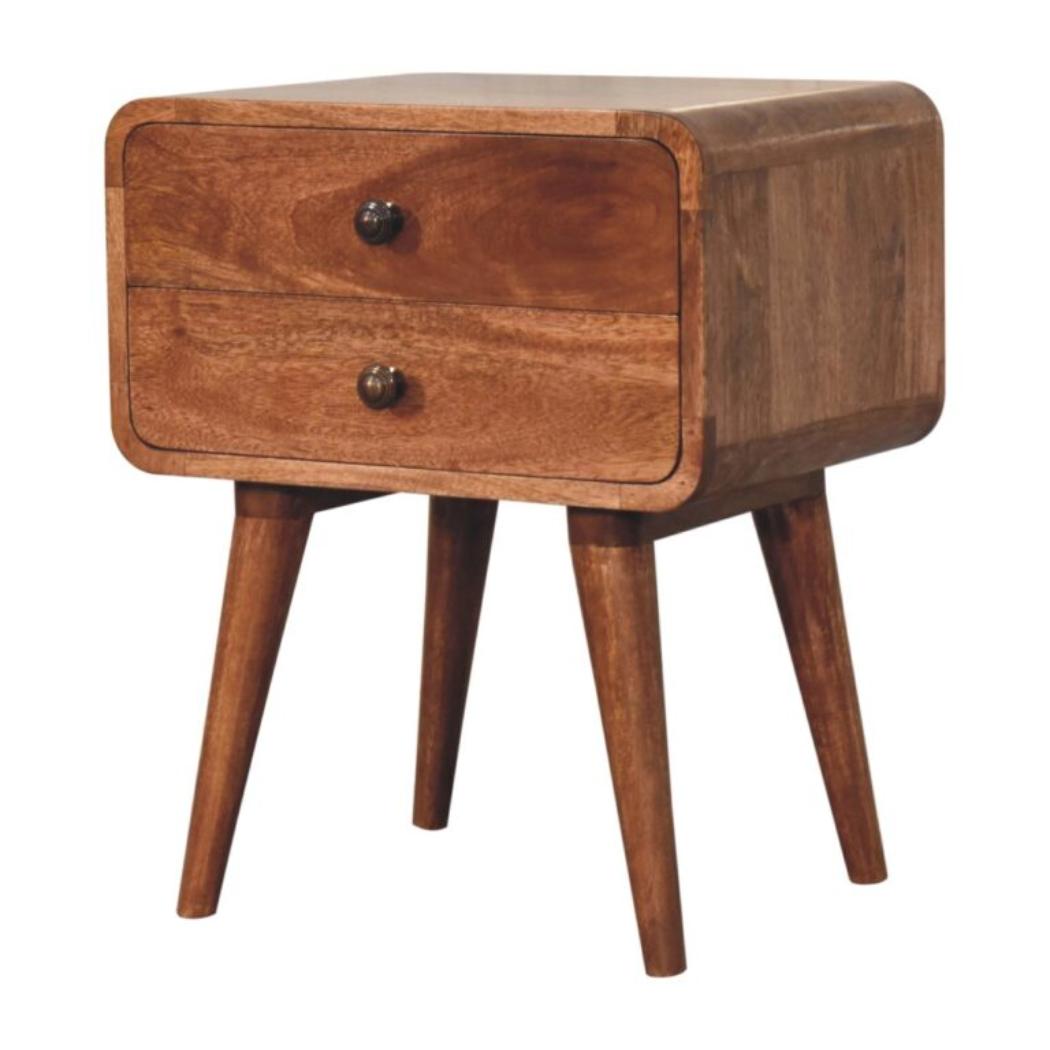 Arden Curved Bedside Table | Solid Mango Wood | Honey Caramel Finish | 2 Drawer Nightstand
