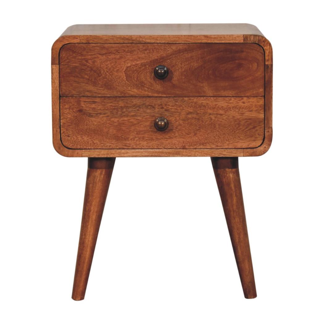 Arden Curved Bedside Table | Solid Mango Wood | Honey Caramel Finish | 2 Drawer Nightstand
