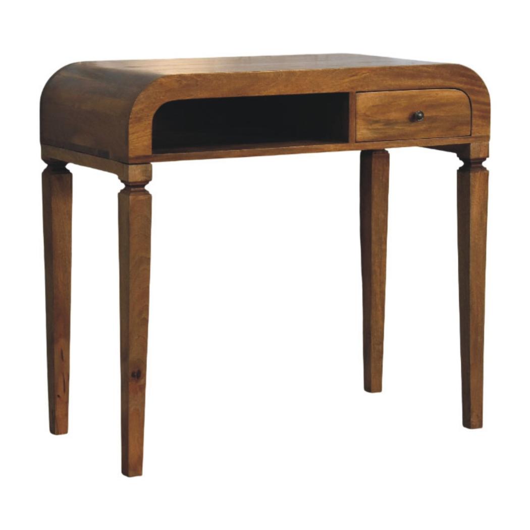 Arden Curved Mango Wood Writing Desk | Amber Oak Finish