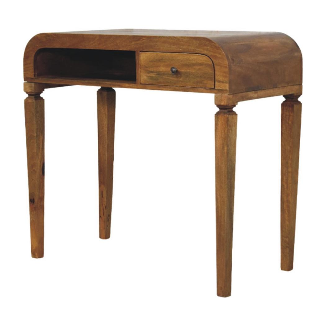 Arden Curved Mango Wood Writing Desk | Amber Oak Finish