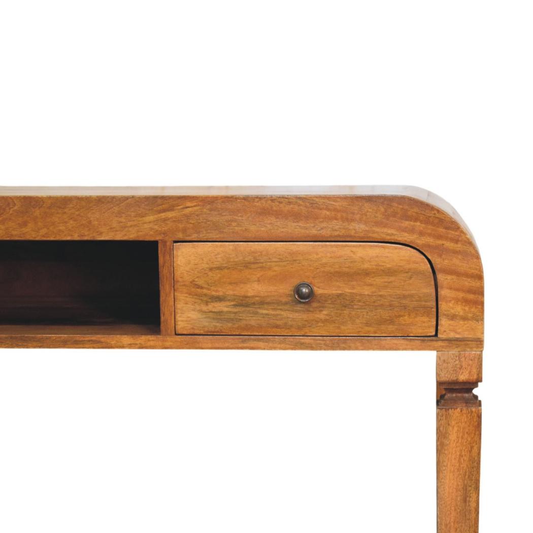 Arden Curved Mango Wood Writing Desk | Amber Oak Finish