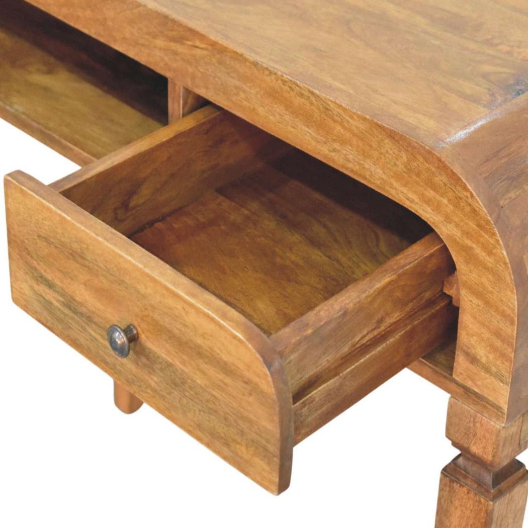 Arden Curved Mango Wood Writing Desk | Amber Oak Finish