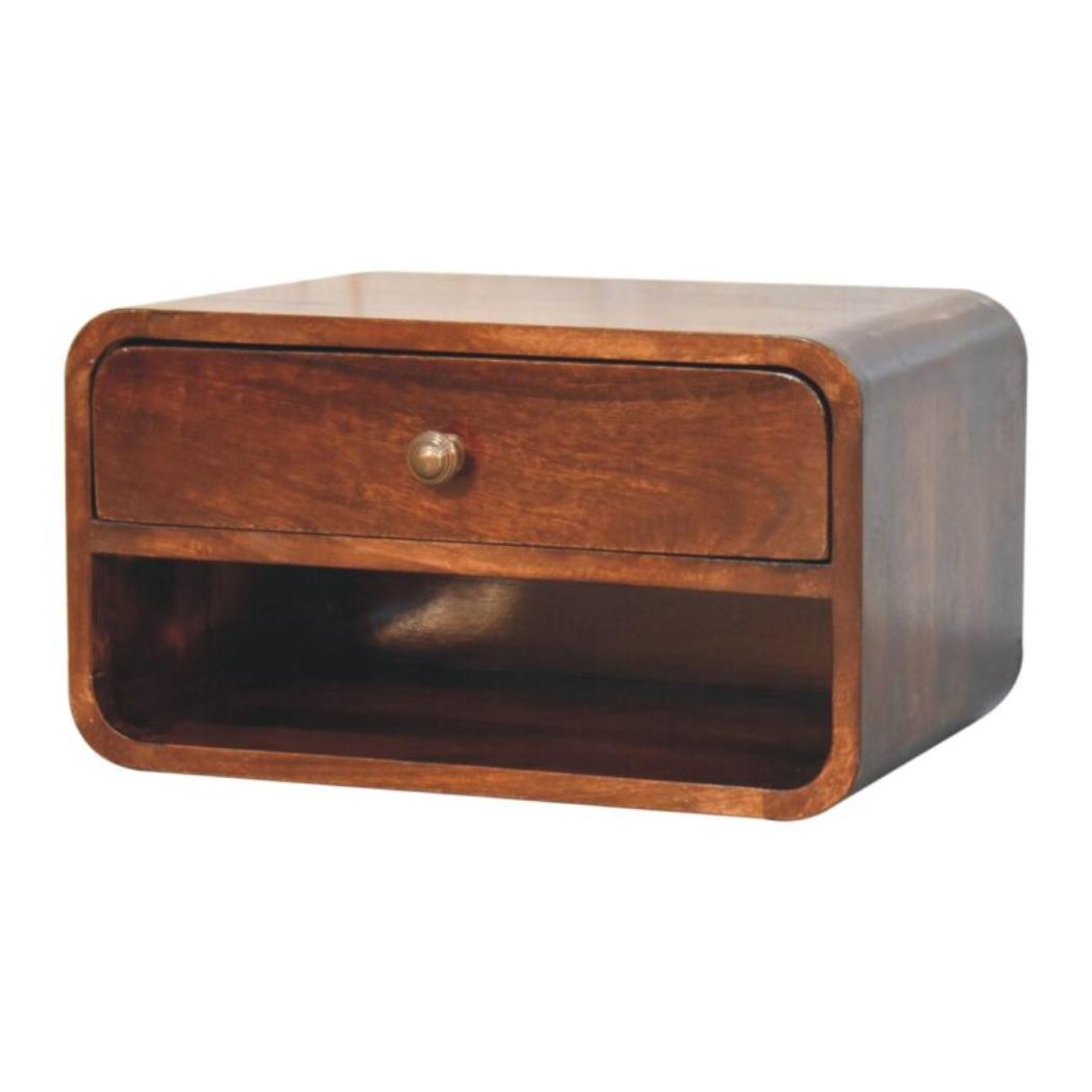 Arden Floating Bedside Table | Solid Mango Wood | California Walnut Finish | 1 Drawer Wall Mounted Nightstand with Open Shelf