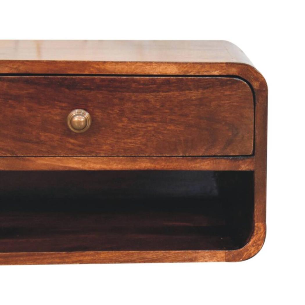 Arden Floating Bedside Table | Solid Mango Wood | California Walnut Finish | 1 Drawer Wall Mounted Nightstand with Open Shelf