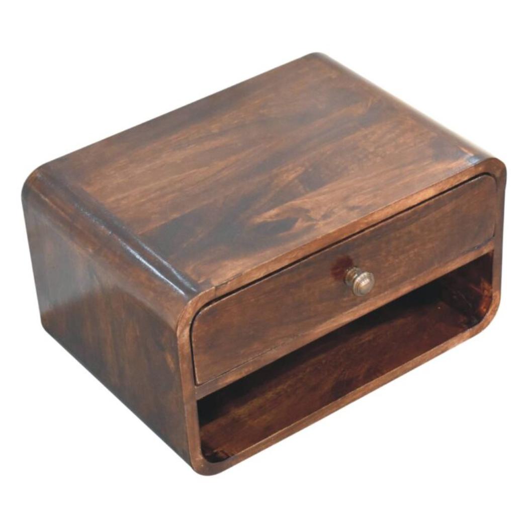 Arden Floating Bedside Table | Solid Mango Wood | California Walnut Finish | 1 Drawer Wall Mounted Nightstand with Open Shelf