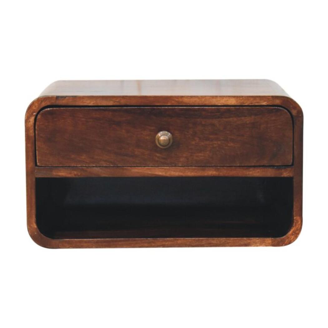 Arden Floating Bedside Table | Solid Mango Wood | California Walnut Finish | 1 Drawer Wall Mounted Nightstand with Open Shelf