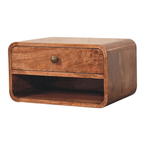 Arden Floating Bedside Table | Solid Mango Wood | Honey Caramel Finish | 1 Drawer Wall Mounted Nightstand with Open Shelf