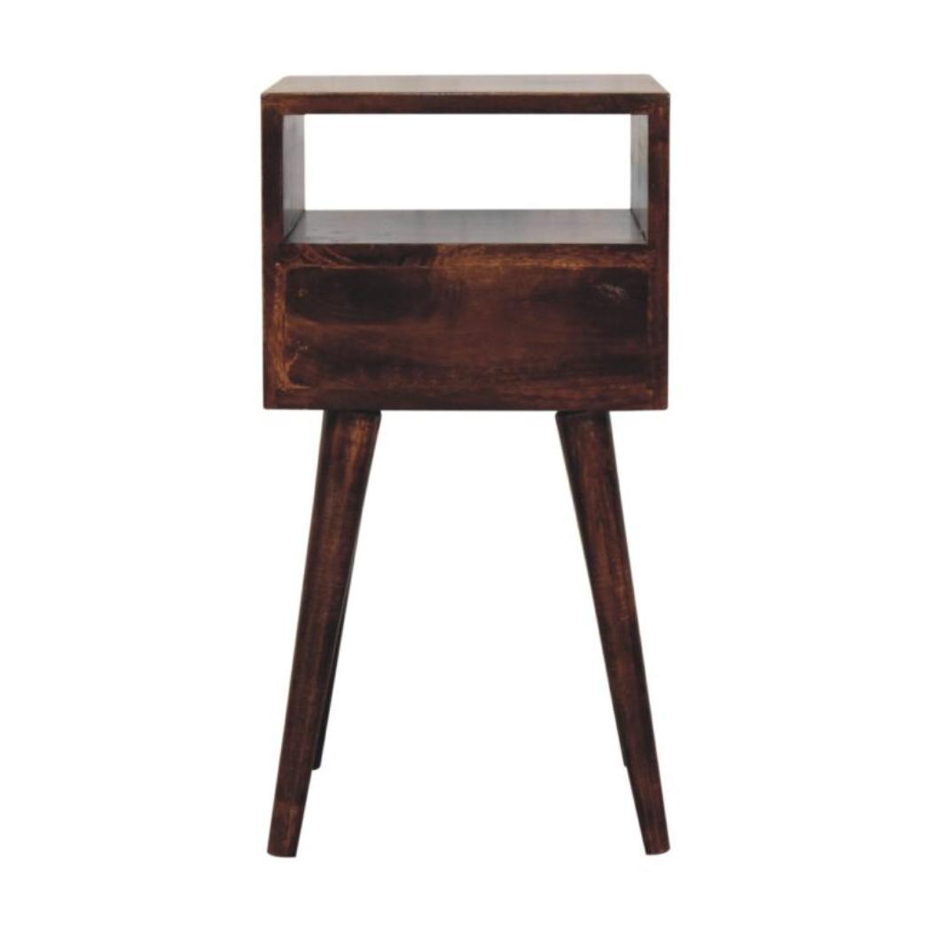 Arlo Compact Bedside Table | Solid Mango Wood | California Walnut Finish | 1 Drawer Nightstand with Open Shelf