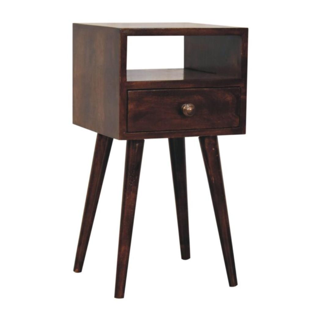 Arlo Compact Bedside Table | Solid Mango Wood | California Walnut Finish | 1 Drawer Nightstand with Open Shelf