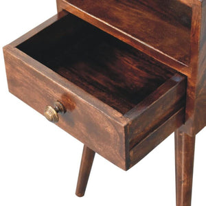 Arlo Compact Bedside Table | Solid Mango Wood | California Walnut Finish | 1 Drawer Nightstand with Open Shelf