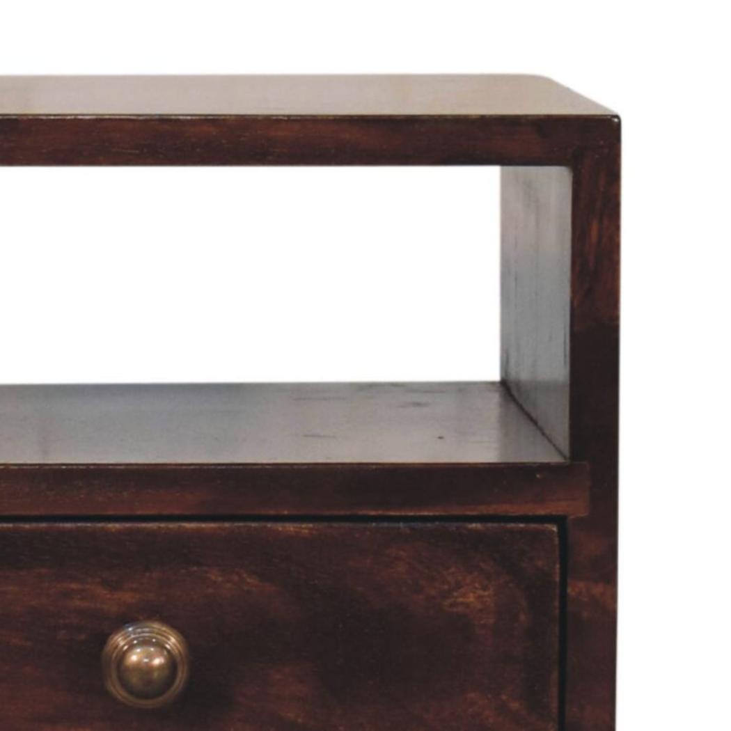 Arlo Compact Bedside Table | Solid Mango Wood | California Walnut Finish | 1 Drawer Nightstand with Open Shelf