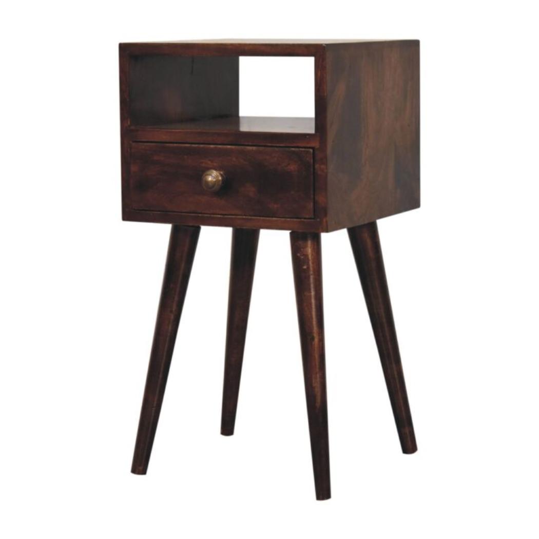 Arlo Compact Bedside Table | Solid Mango Wood | California Walnut Finish | 1 Drawer Nightstand with Open Shelf
