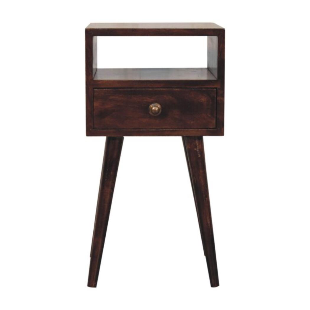 Arlo Compact Bedside Table | Solid Mango Wood | California Walnut Finish | 1 Drawer Nightstand with Open Shelf