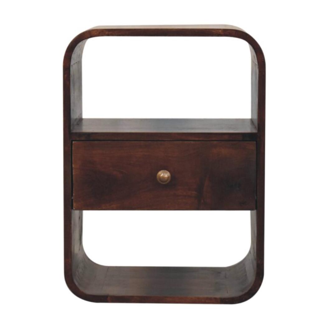 Arlo Curved Bedside Table | Solid Mango Wood | California Walnut Finish | 1 Drawer with Open Shelves