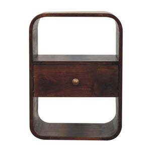 Arlo Curved Bedside Table | Solid Mango Wood | California Walnut Finish | 1 Drawer with Open Shelves