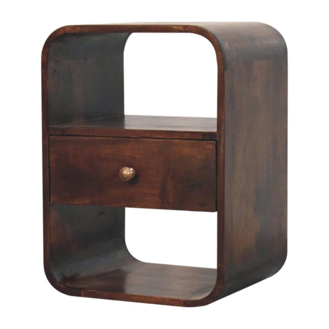 Arlo Curved Bedside Table | Solid Mango Wood | California Walnut Finish | 1 Drawer with Open Shelves