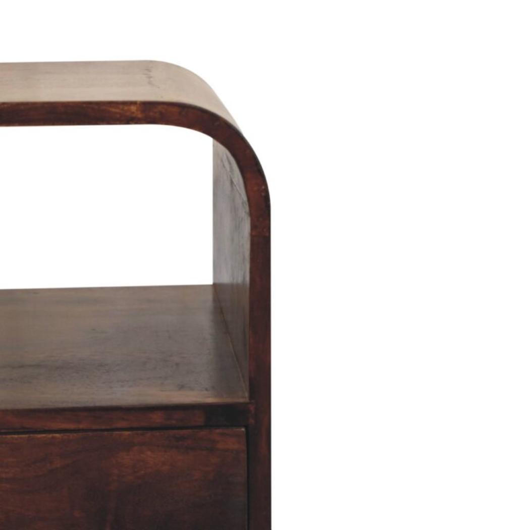 Arlo Curved Bedside Table | Solid Mango Wood | California Walnut Finish | 1 Drawer with Open Shelves