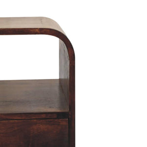 Arlo Curved Bedside Table | Solid Mango Wood | California Walnut Finish | 1 Drawer with Open Shelves