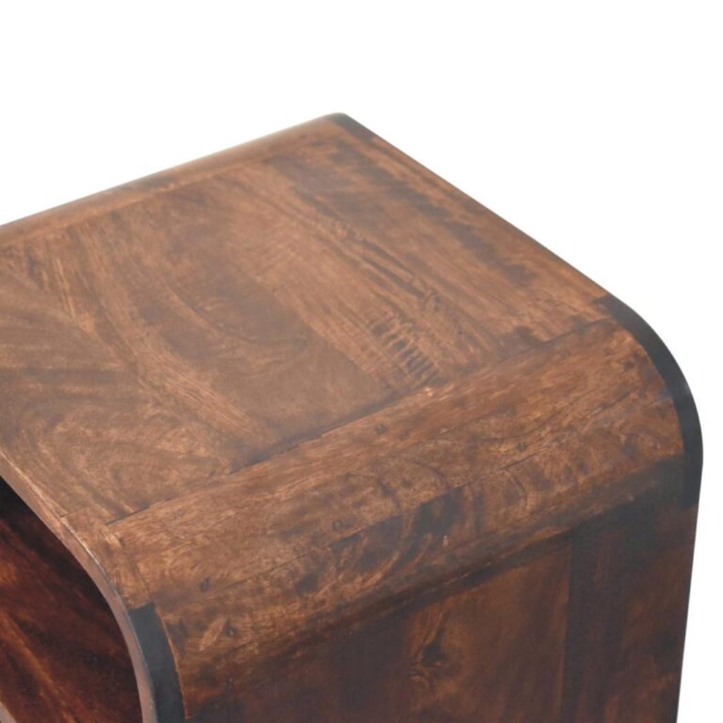 Arlo Curved Bedside Table | Solid Mango Wood | California Walnut Finish | 1 Drawer with Open Shelves