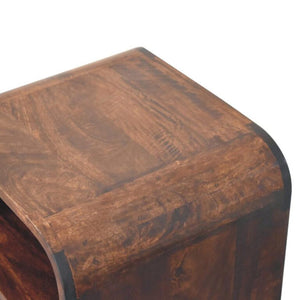 Arlo Curved Bedside Table | Solid Mango Wood | California Walnut Finish | 1 Drawer with Open Shelves