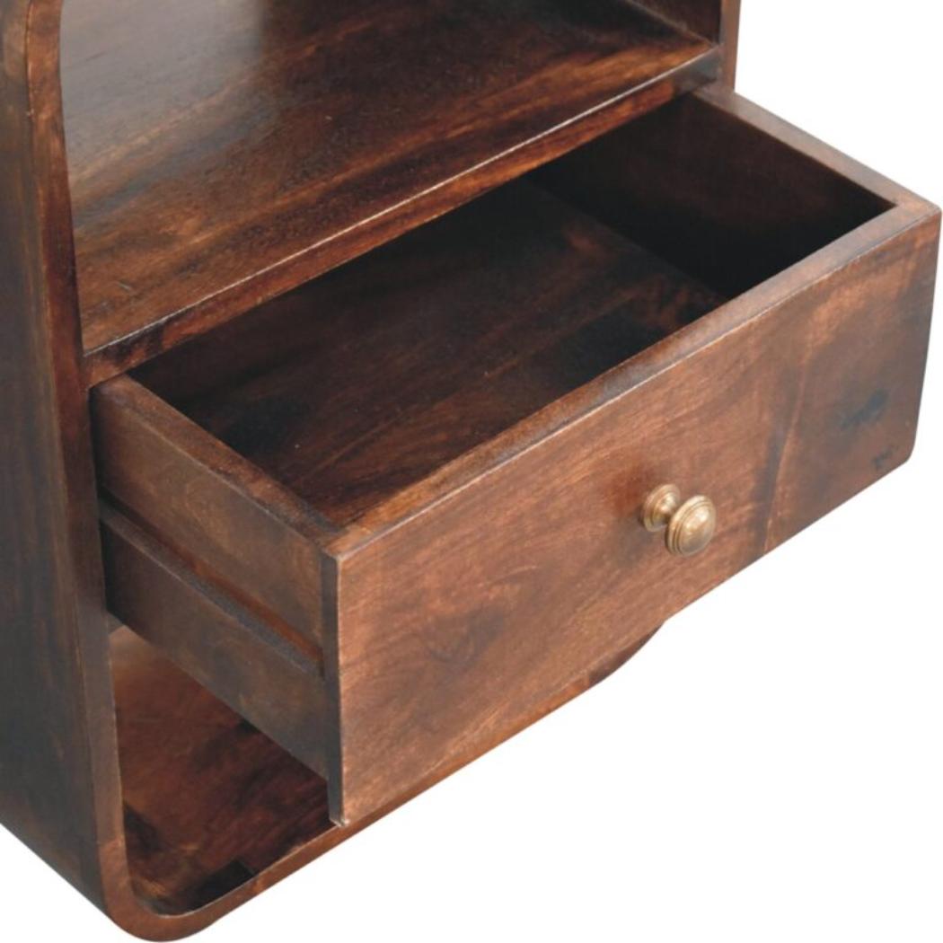 Arlo Curved Bedside Table | Solid Mango Wood | California Walnut Finish | 1 Drawer with Open Shelves
