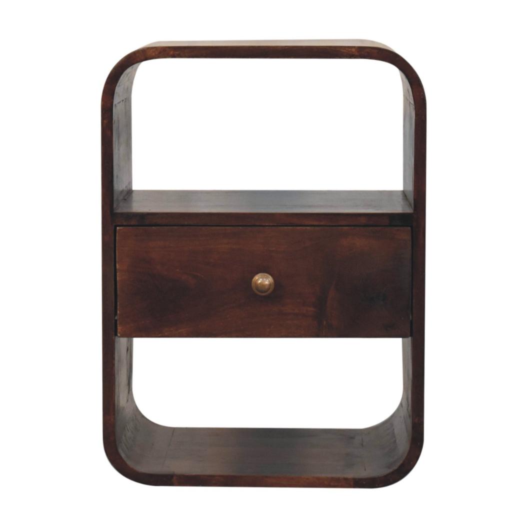 Arlo Curved Bedside Table | Solid Mango Wood | California Walnut Finish | 1 Drawer with Open Shelves