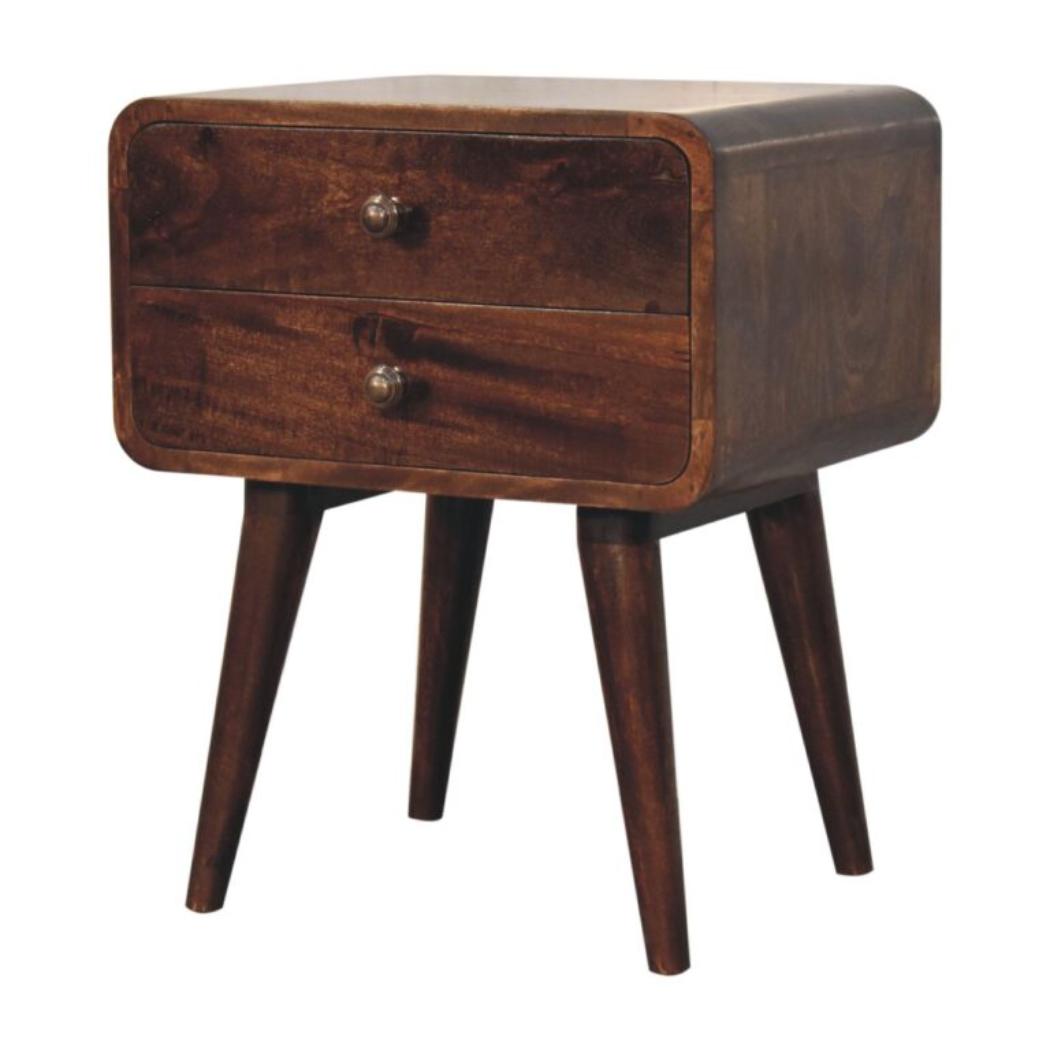 Arlo Curved Bedside Table | Solid Mango Wood | California Walnut Finish | 2 Drawer Nightstand