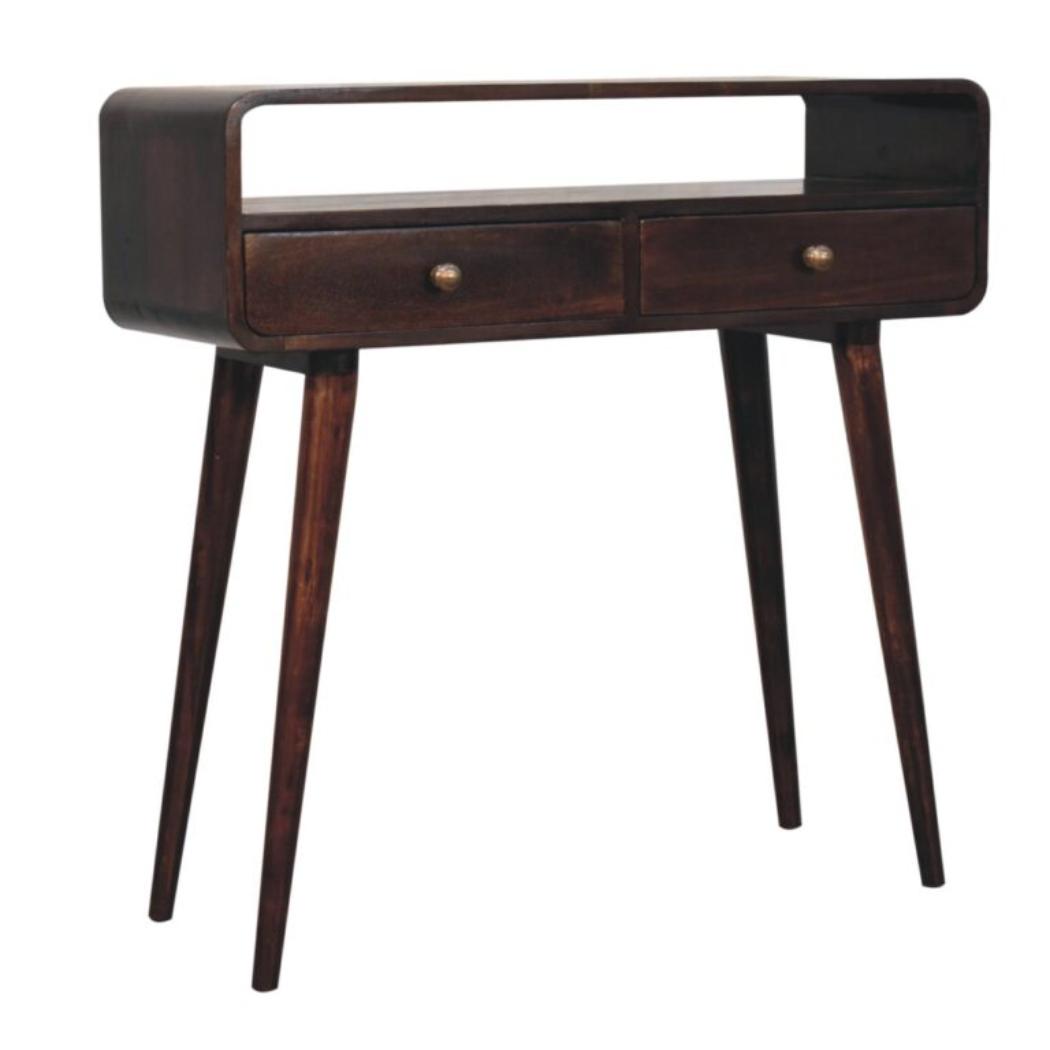 Arlo Curved Console Table | Solid Mango Wood | California Walnut Finish | 2 Drawer Hallway Console Table