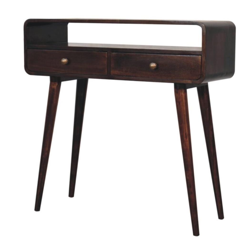 Arlo Curved Console Table | Solid Mango Wood | California Walnut Finish | 2 Drawer Hallway Console Table